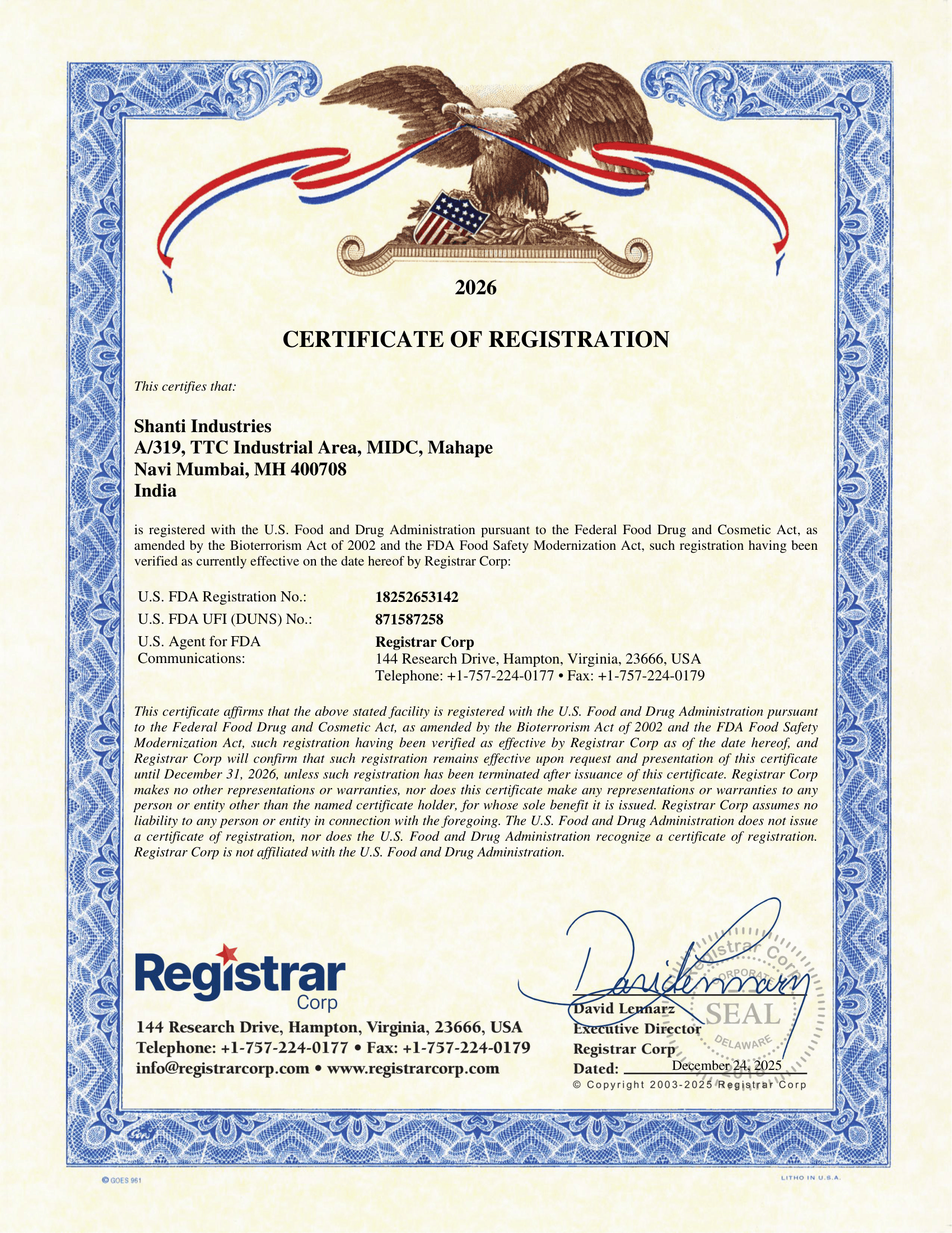 USFDA Certificate